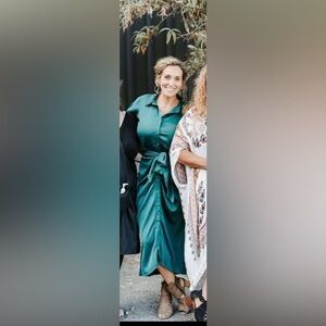 BTFBM Jade Green Button-Front Midi Dress Medium Ruched Waist Tie Belt Feminine